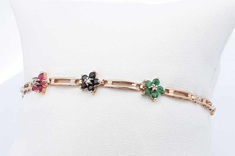 Ruby, Saphire & Emerald Flower Bracelet 10k Yellow Gold 3.9g 7 Inch Eb1124rxdu