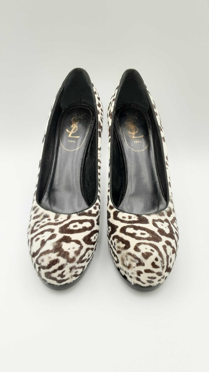 Yves Saint Laurent White Leopard Calf Hair Platform Heels Size 39.5 Fw1124crdu