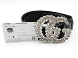Gucci Crystal Embellished Double G Black Leather Belt Size 95/38 Sd0526crde