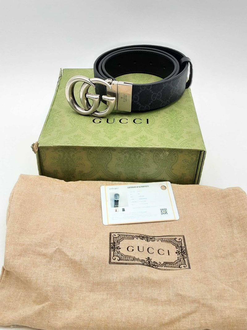 Gucci Gg Supreme Canvas Reversible Belt With Silver Tone Buckle Eb0225oxzsa