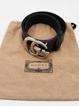 Gucci Mamaront Black Leather Belt With Silver Tone Gg Buckle Size 85 Eb0126lrxdu