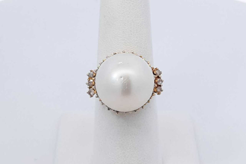 Pearl & Diamond Ring In 14k Yellow Gold 8.2 Grams Size 6.5 Eb1025prxdu