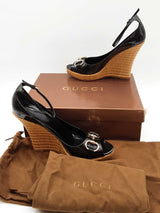 Gucci Black Patent Leather Peep Toe Wedges Size 10.5 B Eb1225crde