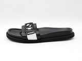 Moschino Black Leather & Metal Logo Slide Sandals Size 12 Fw0926pxdu