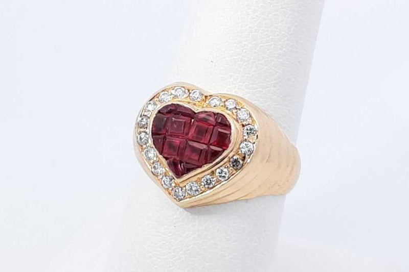 Ruby & Diamond Heart Shape Ring In 18k Yellow Gold 7.1 Grams Size 7 Eb1025wrxdu