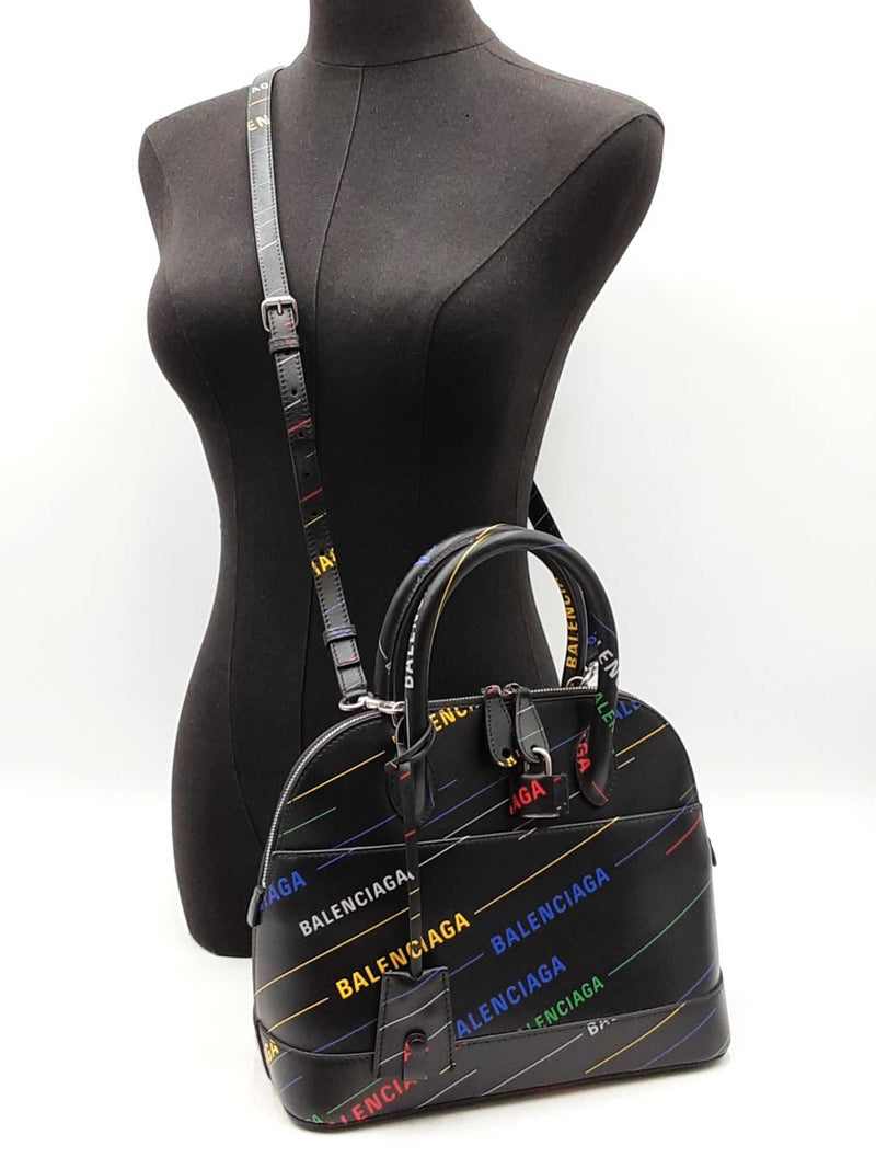 Balenciaga Small Ville Top Handle Bag In Logo Printed Black Leather Fw0925orxdu
