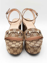 Gucci Lady Horsebit Platform Sandal In Gg Logo Canvas Size 40 Us 9.5 Fw0926ozxdu