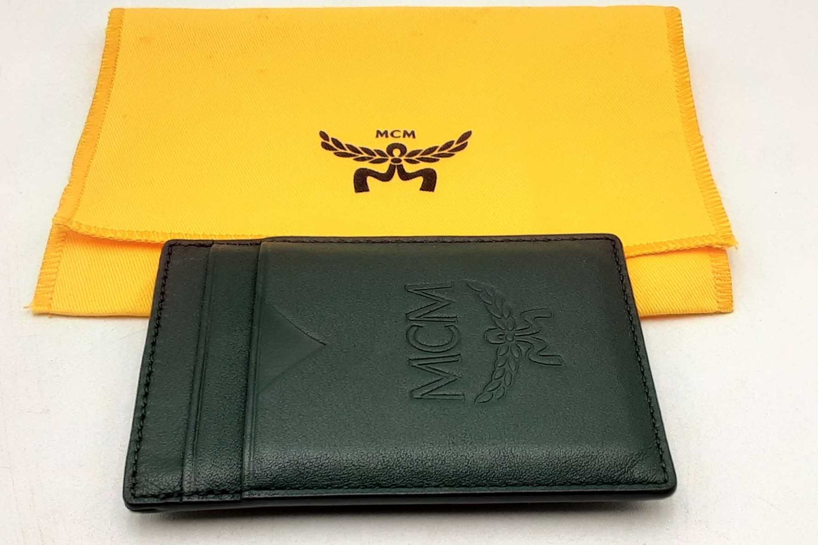 Mcm Aren Money Clip Card Case Forest Green Leather Wallet