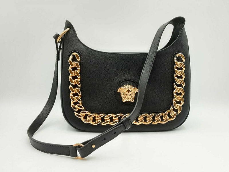 Versace La Medusa Medium Hobo Bag In Black Calfskin Leather Fw0125exzdu