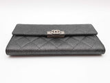 Chanel Gusset Dark Gray Metallic Quilted Caviar Leather Flap Wallet Do0425erxde
