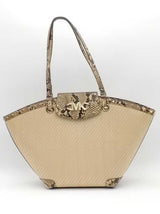Michael Kors Izzy Straw Tote Bag With Snake Print Beige Aa1026wzsa