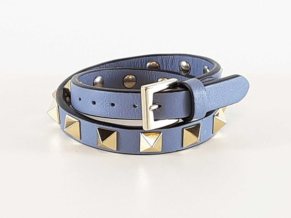 Valentino Garavani Rockstud Double Wrap Bracelet In Blue Leather Fw1025crde