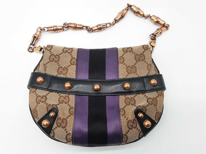 Gucci 129498 Mini Horsebit Tan Gg Canvas Purple Black Satin Clutch Do0925pxzde