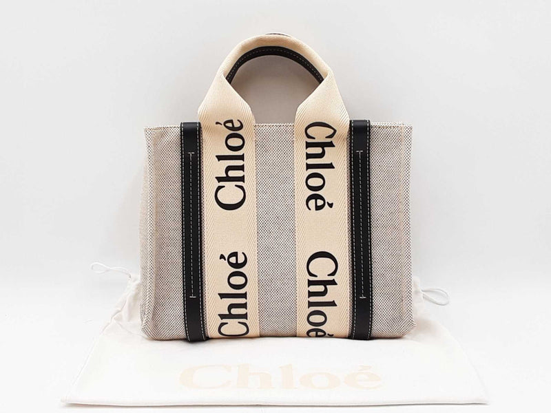 Chloe Woody Small Tote Bag In Beige Eco Linen & Navy Blue Leather Fw1125oordu