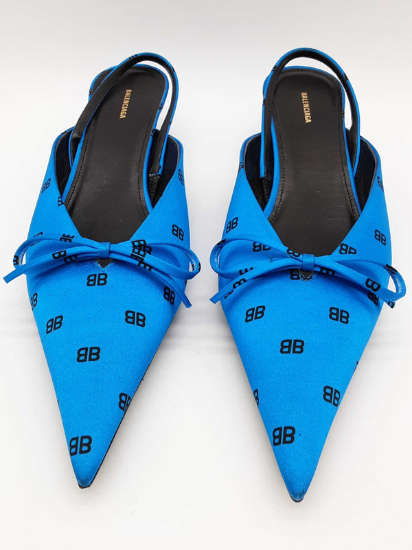 Balenciaga Knife Mules Logo Blue Satin Heels Size Eu 38 Do0725pxde