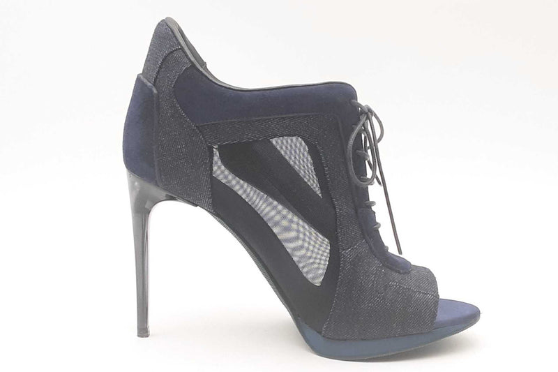 Burberry Denim & Navy Blue Sude Peep Toe Lace Up Heel Booties Size 36 Eb325lxzsa