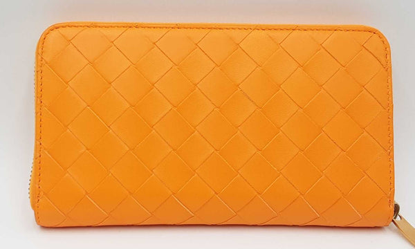 Bottega Veneta Intrecciato Weave Orange Leather Zip Wallet Ebwxzdu 144030007735