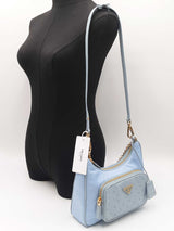 Prada Mini Shoulder Bag In Sky Blue Re-nylon & Ostrich Leather Fw0226lrxzdu