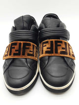 Fendi Black Leather Trainers With Velvet Zucca Straps Size 10.5 Eb0925oxzde