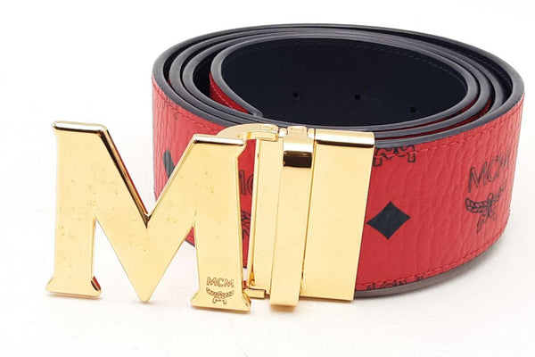 Mcm Logo Reversible Red Leather Belt With Gold Tone Buckle Eb0225lxzsa