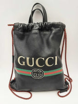 Gucci Gg Logo Black Leather Drawstring Backpack Sd0325wxzsa