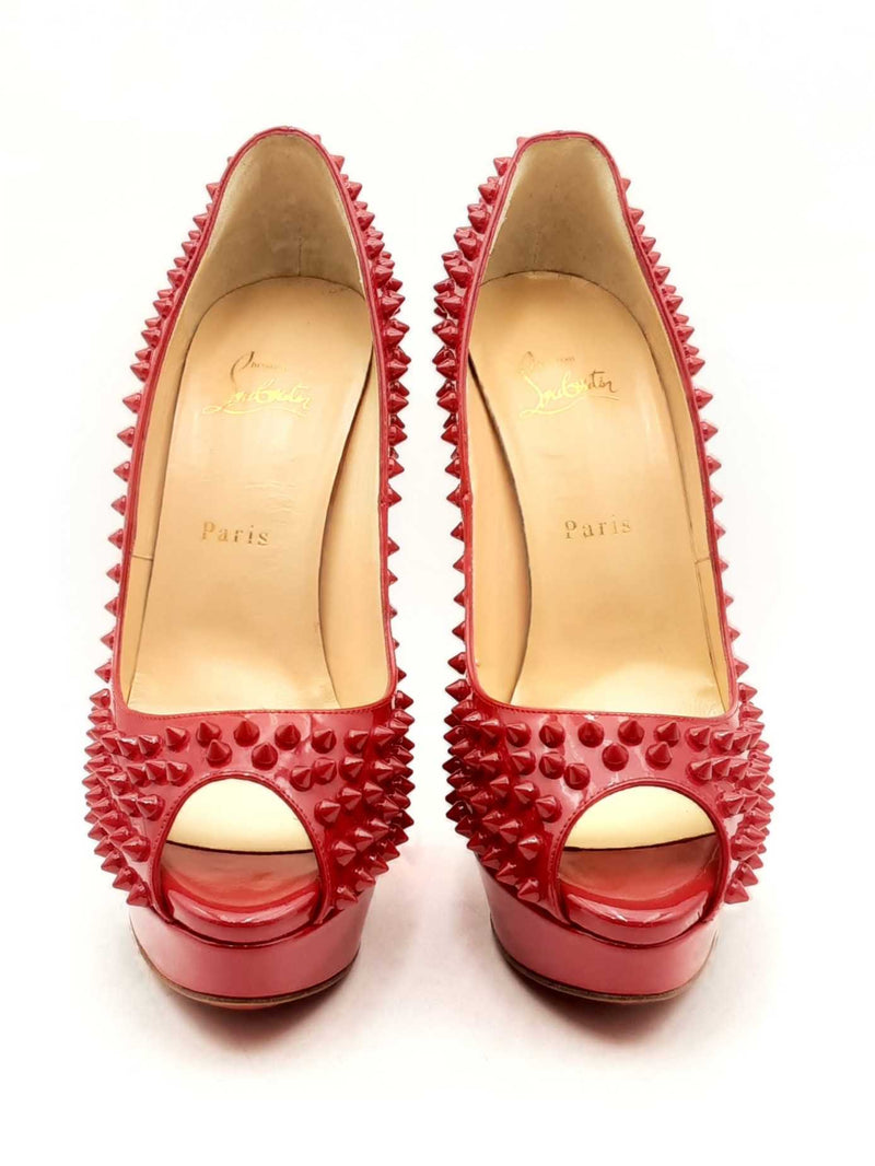 Christian Louboutin Red Patent Leather Spiked Peep Toe Pumps Size 40 Eb1224lxzsa