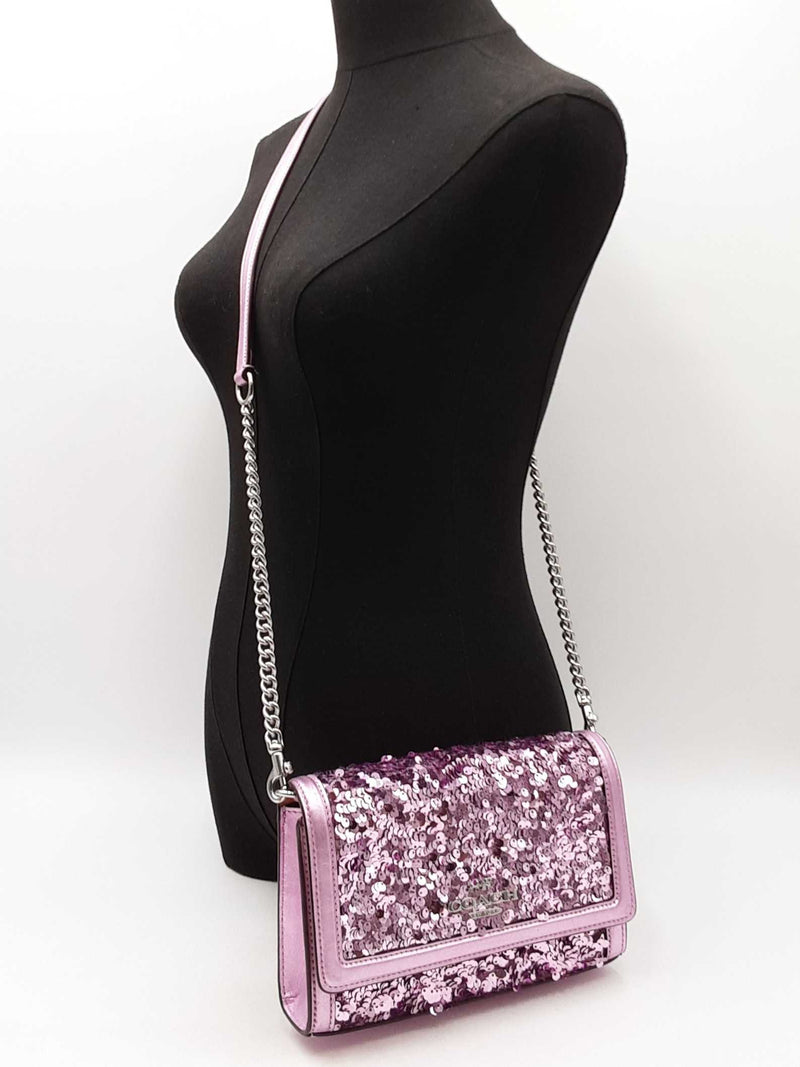 Coach Small Flap Clutch In Lilac Metallic Leather & Sequins Fw1125