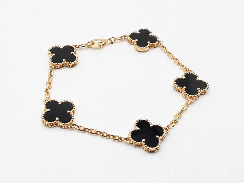 Van Cleef & Arpels 5-motif Onyx Alhambra Bracelet In 18k Yellow Gold 11.6 Grams 7 Inch Fw1025lrzxdu