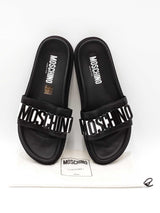Moschino Black Leather & Metal Logo Slide Sandals Size 12 Fw0926pxdu