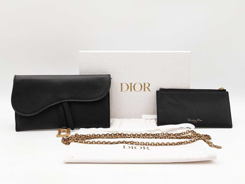 Christian Dior Saddle Wallet With Chain In Black Leather Fw1025pzxdu