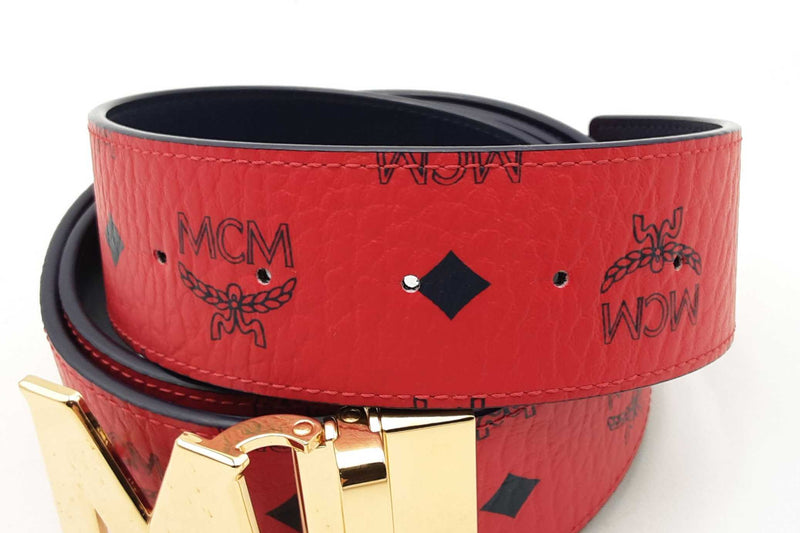 Mcm Logo Reversible Red Leather Belt With Gold Tone Buckle Eb0225lxzsa