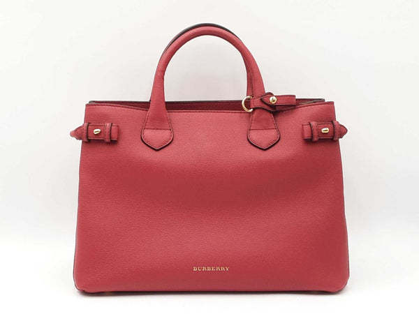 Burberry Banner Tote Bag In Red Leather & House Check Canvas