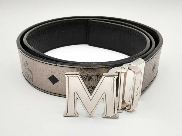 Mcm Viestos Metallic Silver Black Reversible Belt Size 39.5 Dorxde 144020011694