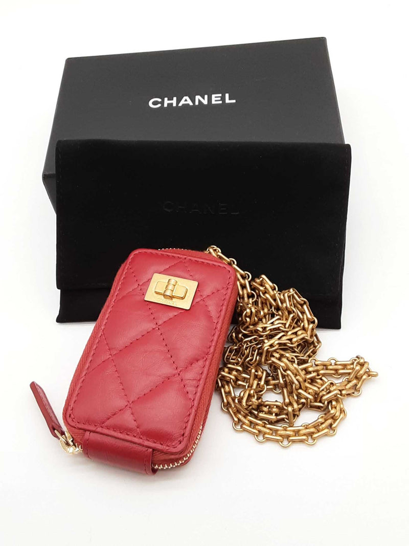 Chanel Quilted Red Leather Zip Coin Chain Pouch Eb1125wxzde