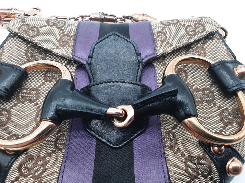 Gucci 129498 Mini Horsebit Tan Gg Canvas Purple Black Satin Clutch Do0925pxzde