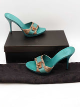 Gucci Gg Monogram Canvas & Turquoise Heels Size 9 Eb1225exdu