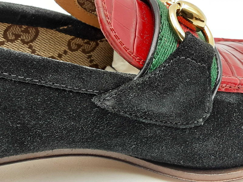 Gucci Web Horsebit Suede & Croc Embossed Leather Loafers Size 36.5 Fw1124oxzsa