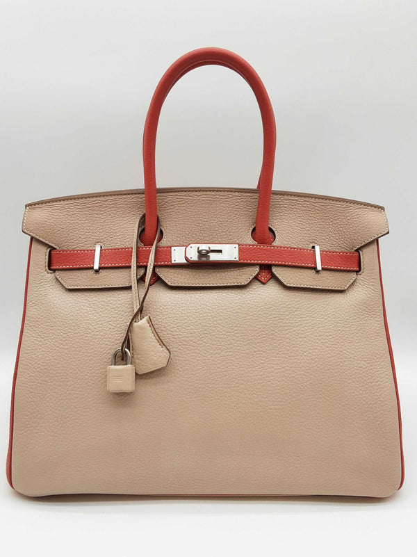 Hermes Birkin 35 Gray Red Clemence Brushed Palladium Handbag Do0325sexzde