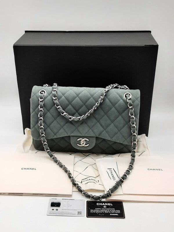 Chanel Jumbo Double Flap Dark Green Caviar Quilted Suede Shoulder Bag Do0125rxzxde