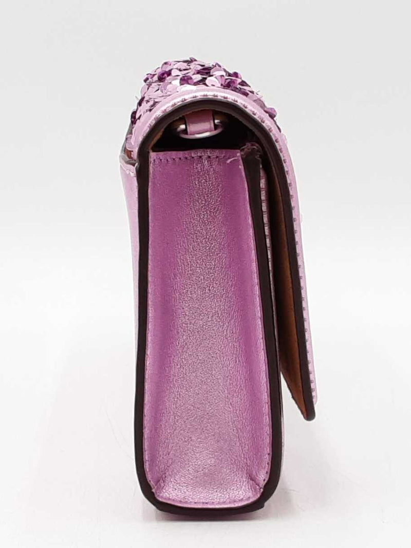Coach Small Flap Clutch In Lilac Metallic Leather & Sequins Fw1125