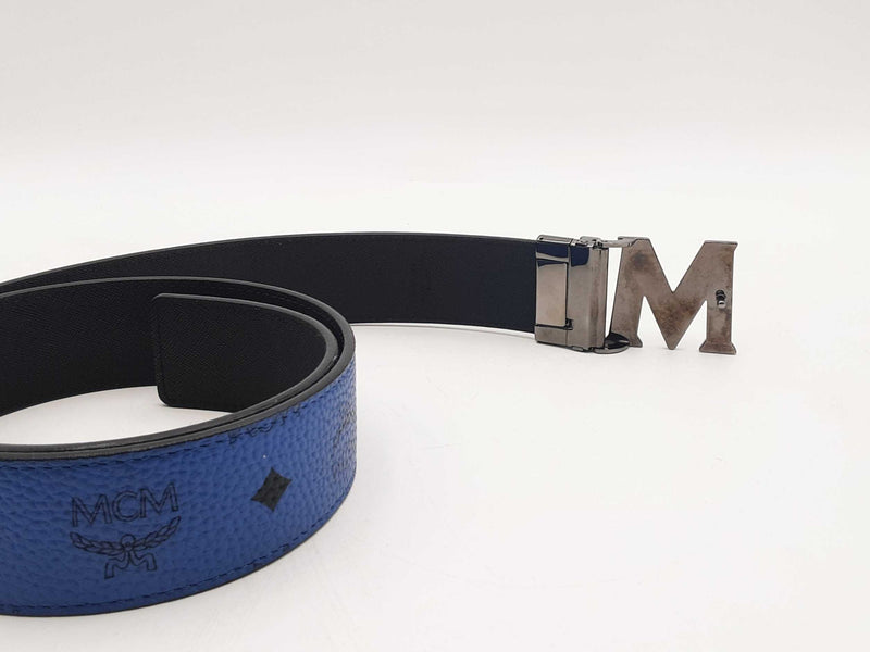 Mcm Reversible Monogram Claus Leather Belt Blue 36-38 In Aa0925rzsa