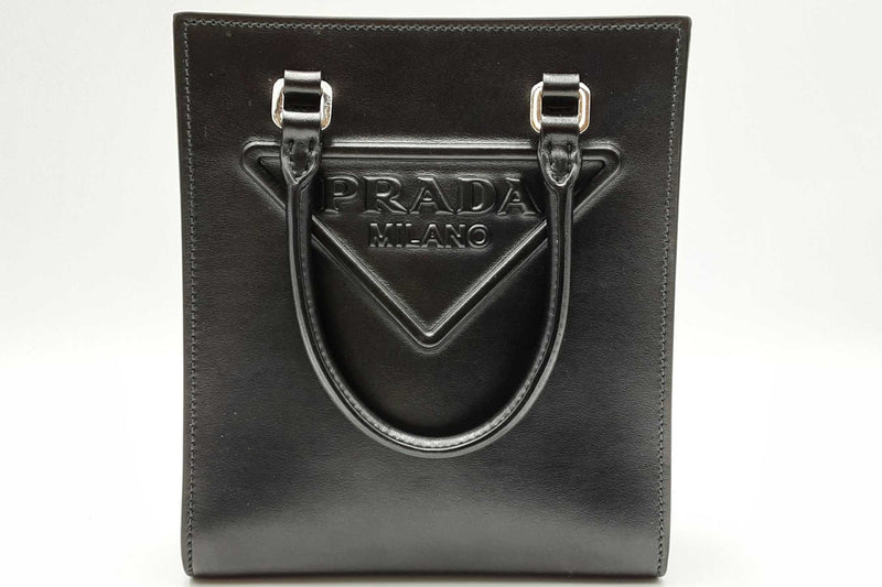 Prada Black Leather Tirangle Logo Embossed Crossbody Tote Bag Eb1124wrxdu