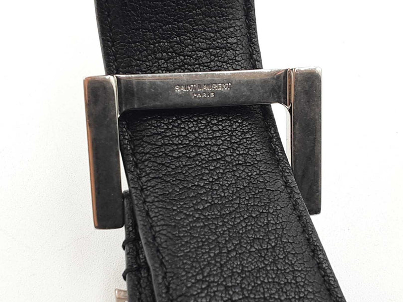 Saint Laurent Cassandre Black Leather Belt & Silver-tone Buckle Fw0225oxzdu