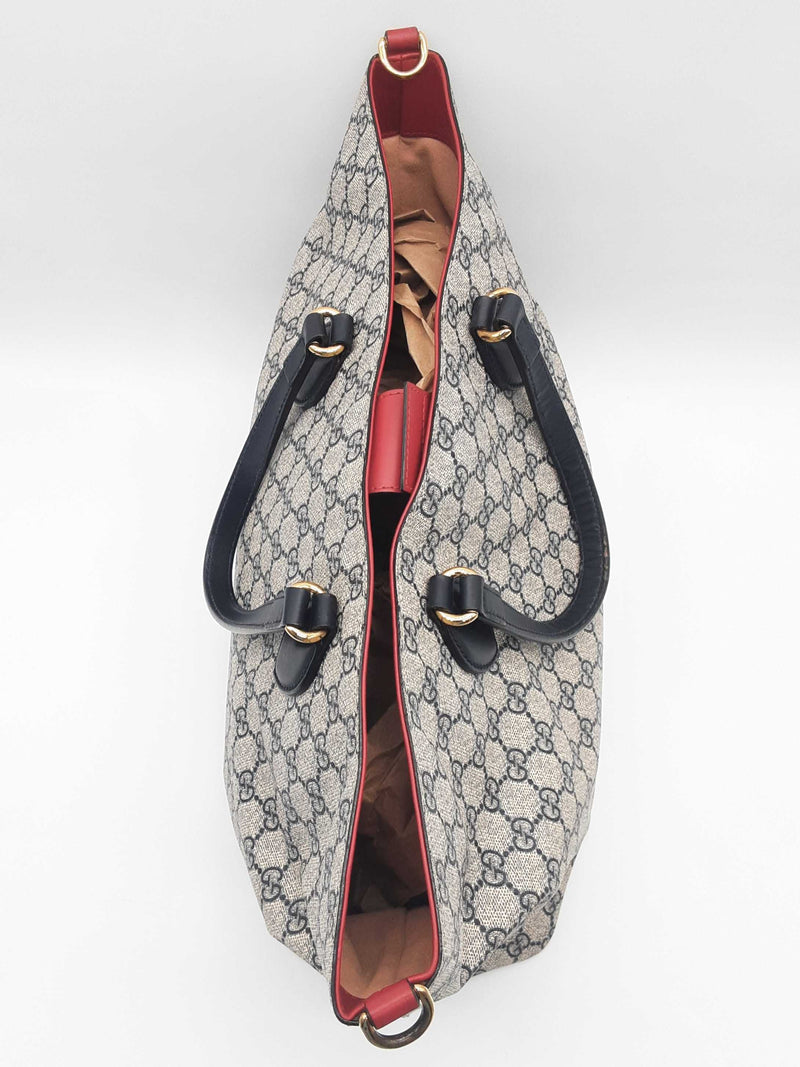 Gucci 453705 Tan Navy Gg Supreme Coated Canvas Red Leather Tote Bag Do0625pxzde