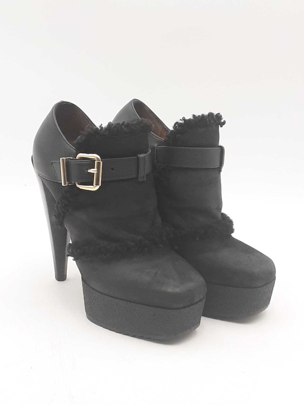 Fendi Black Suede, Shearling & Leather Platform Bootie Heels
