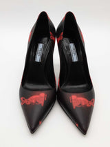 Prada Black & Red Printed Leather Pumps Size 37.5 Eb0624lxzde