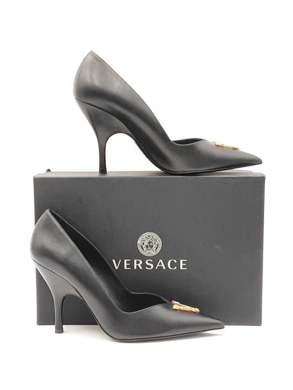 Versace Virtus 100 Black Leather Pointed- Toe Pumps Size Eu 38 Us 8 Fw0525lxzdu