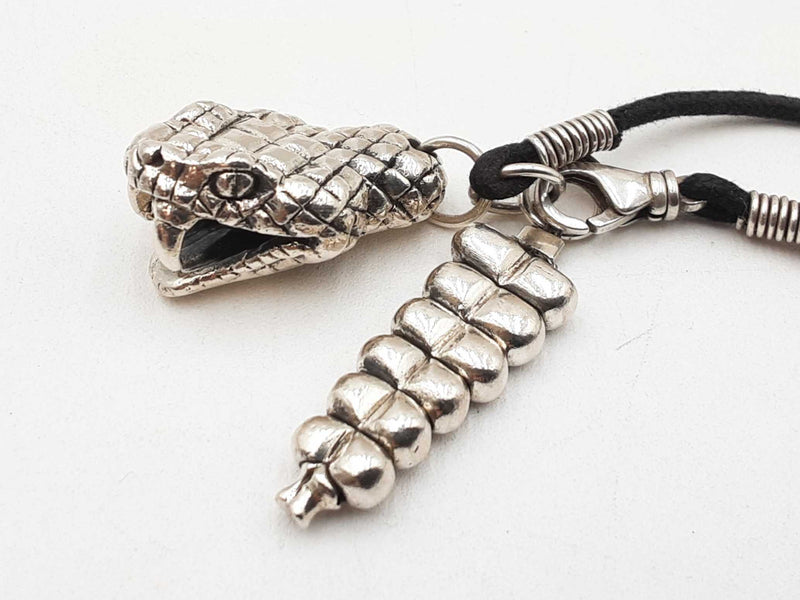 King Baby Rattlesnake Head Tail 0.925 Silver 43.6g Black Cord Necklace 25 In Do0325wrdu
