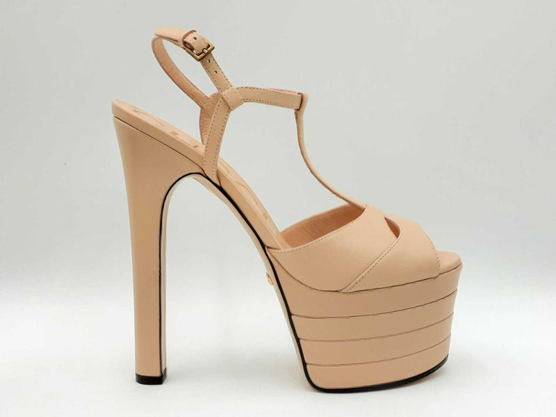 Gucci Angel T-strap Platform Heels In Neutral Leather Size Eu 37.5 Fw0225szdu