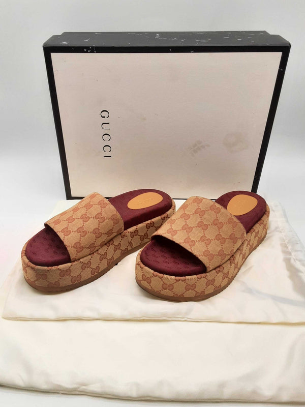 Gucci 573018 Angelina Beige Red Gg Canvas Platform Slides Size 39 Do0924lrxde